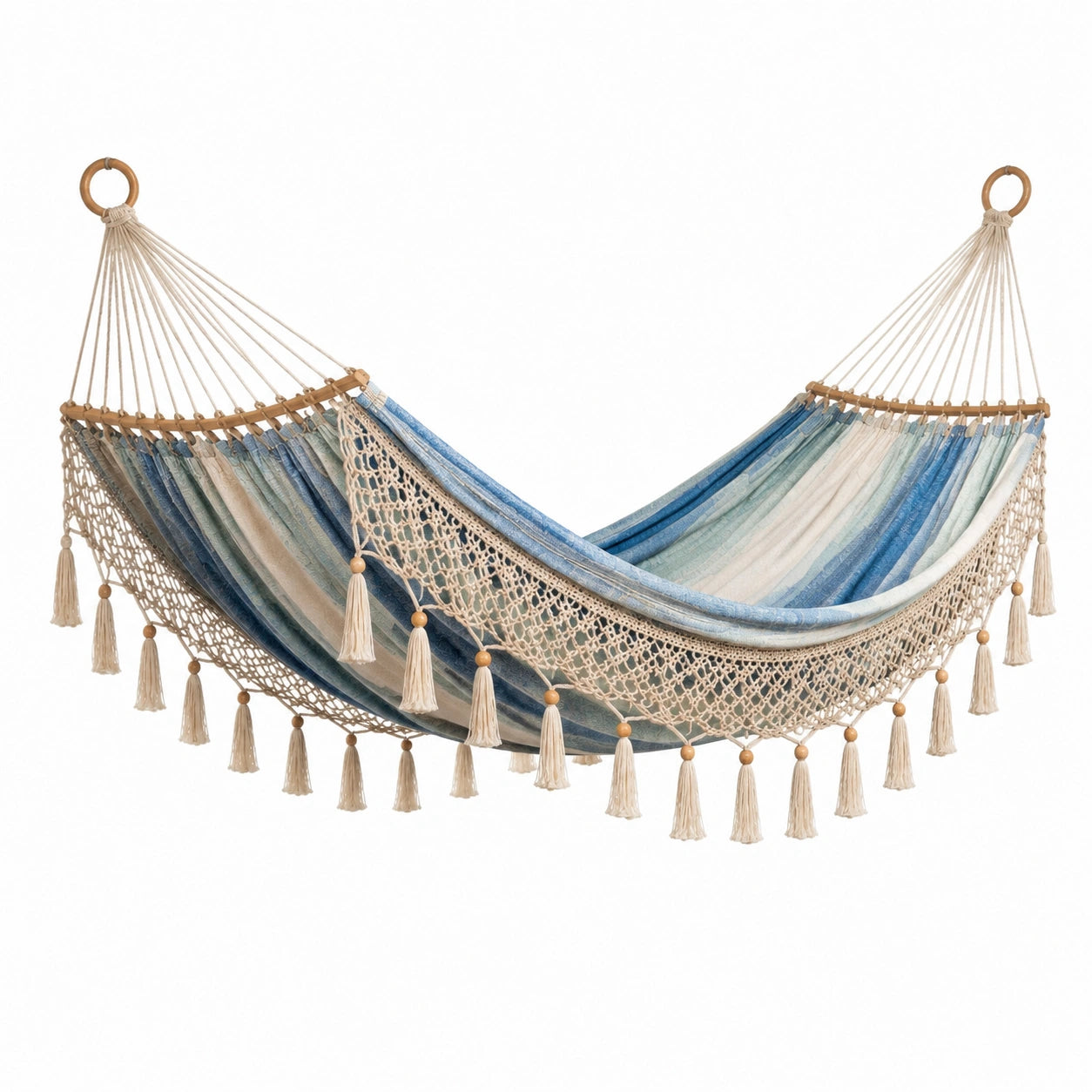 Amaca da Giardino in Cotone Blu e Beige con Nappe