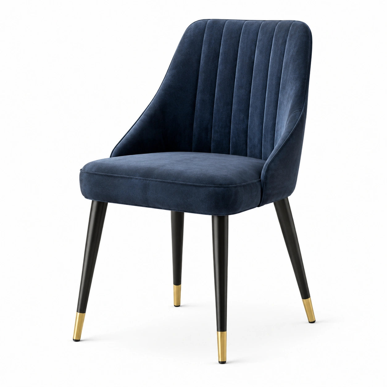 Sedia da pranzo in velluto blu con gambe in legno e dettagli in ottone