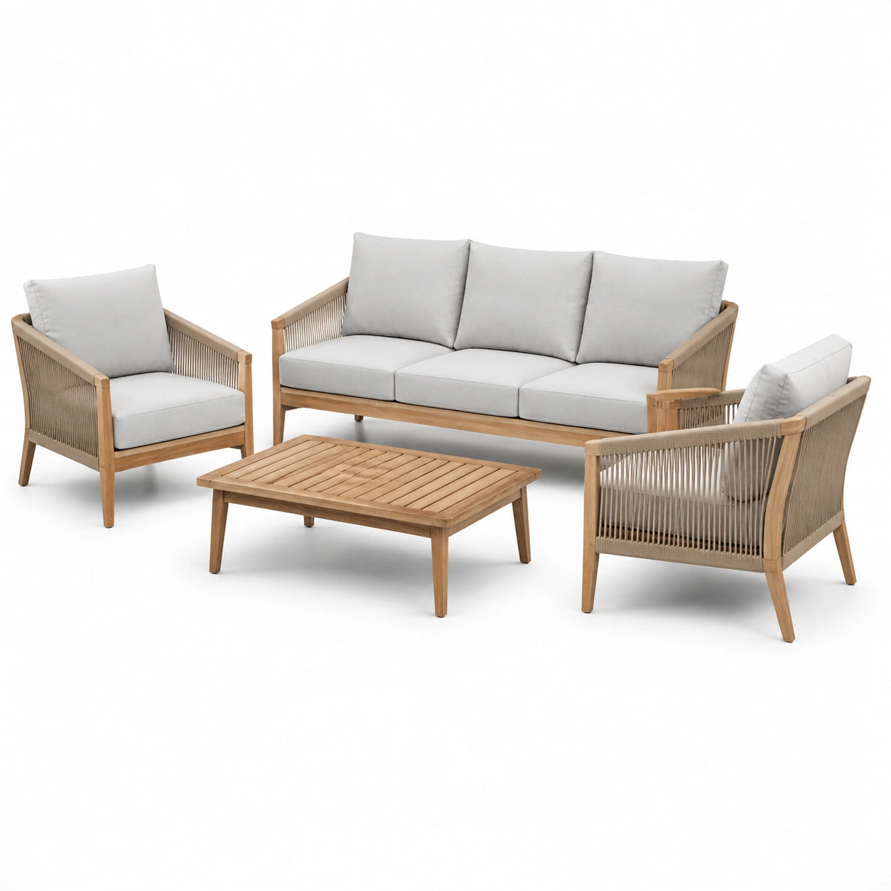 Set da Giardino in Legno di Teak e Rattan con Cuscini Grigio Chiaro