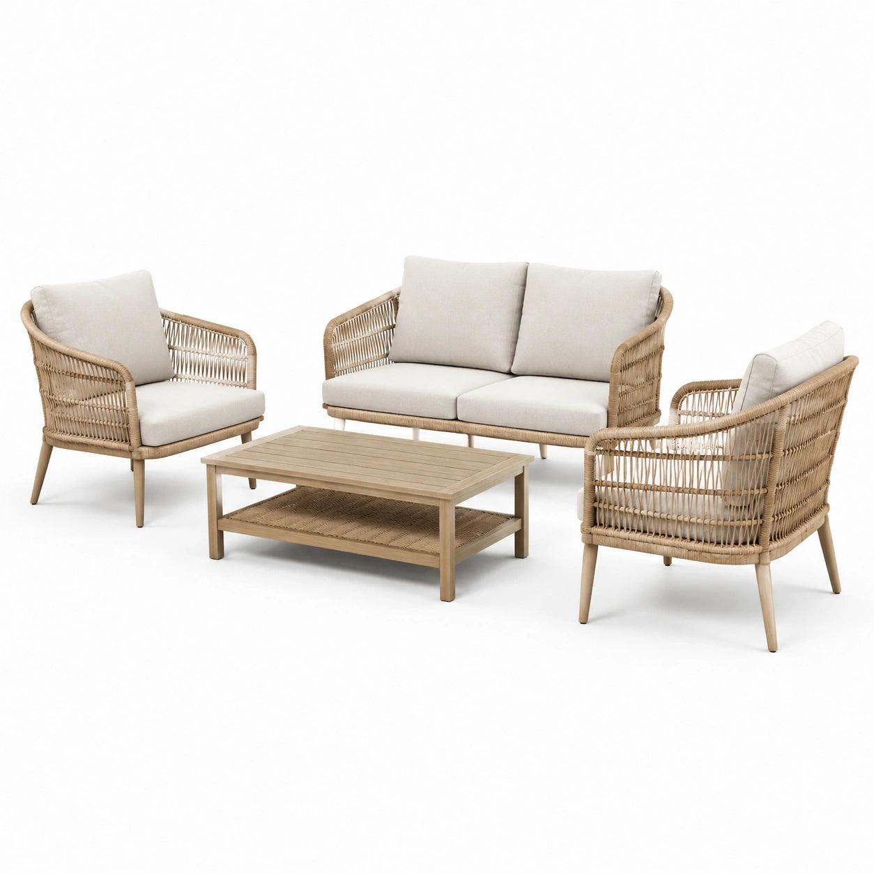 Set da Giardino in Polyrattan con Cuscini in Tessuto Beige
