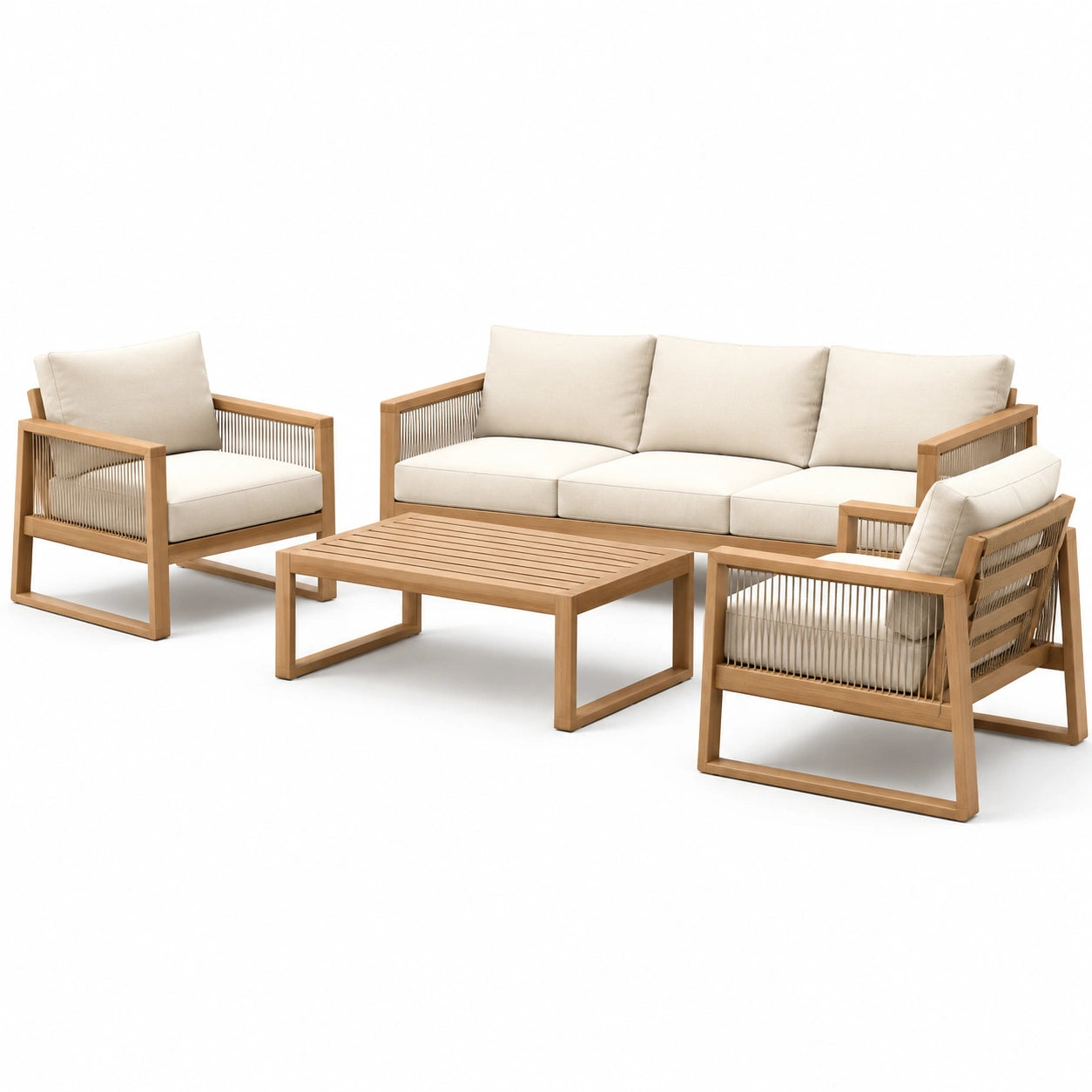 Set Divani da Giardino in Legno Teak con Cuscini Beige