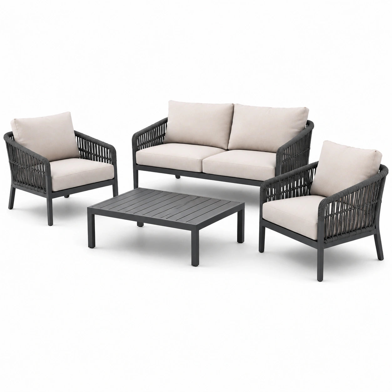 Set salotto in alluminio e rattan con cuscini in poliestere beige