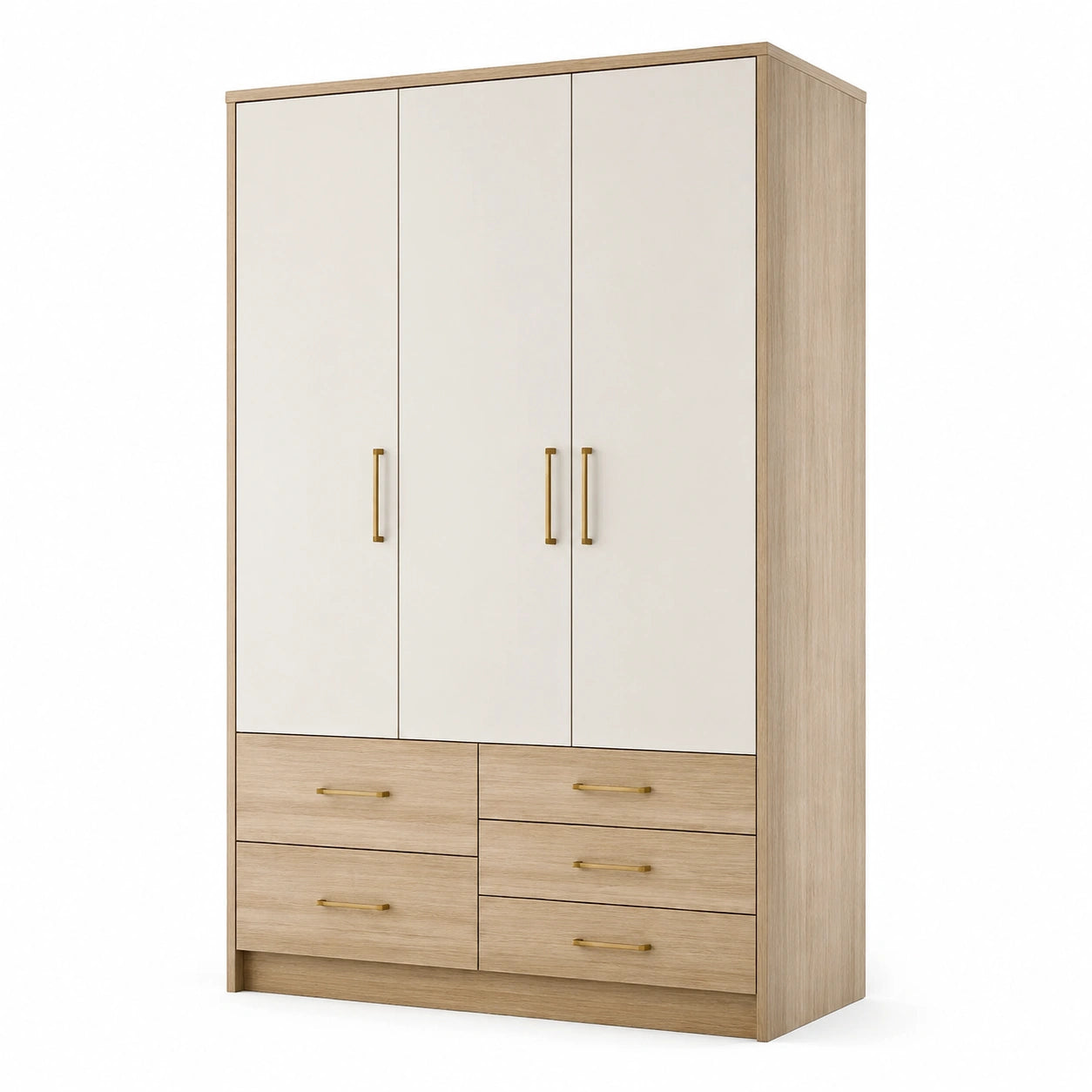 Guardaroba a tre ante in MDF con cassetti bianco e rovere