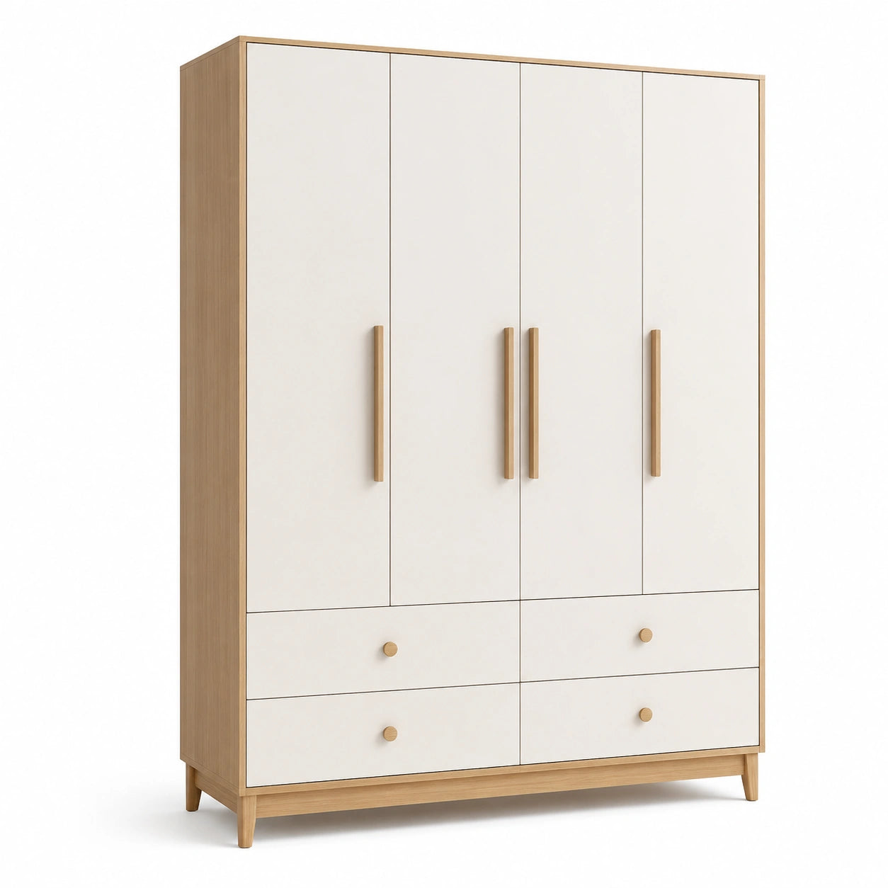 Armadio a Quattro Ante con Cassetti in Legno e MDF Bianco