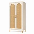 Armadio in Legno con Doppia Porta e Rattan Intrecciato Crema