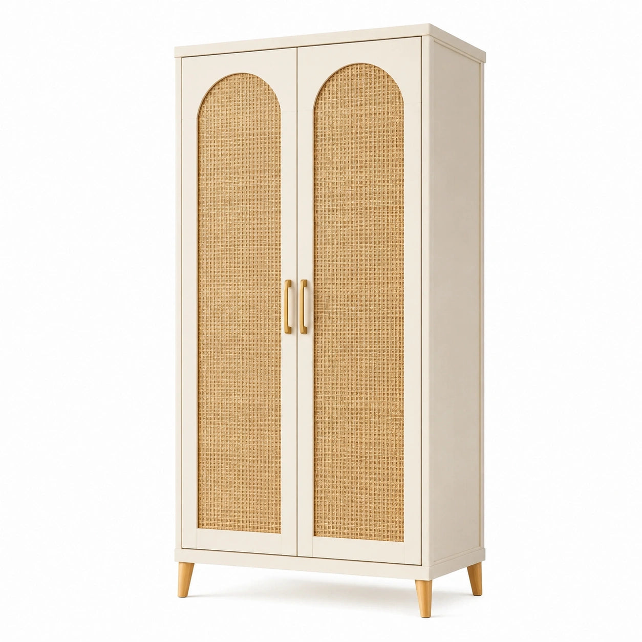 Armadio in Legno con Doppia Porta e Rattan Intrecciato Crema