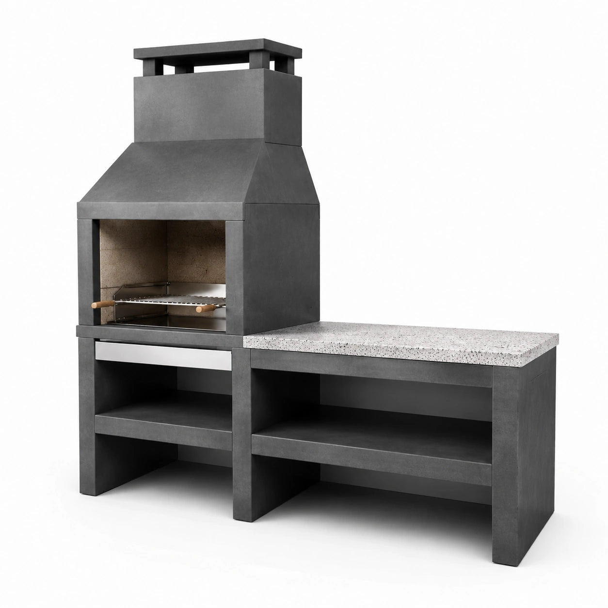 Barbecue in cemento antracite con piano laterale in granito