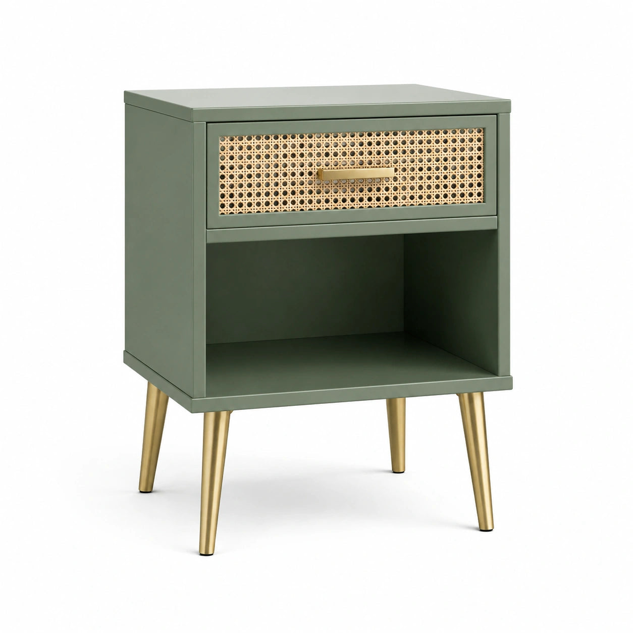 Comodino in legno verde con cassetto in rattan e gambe in metallo dorato