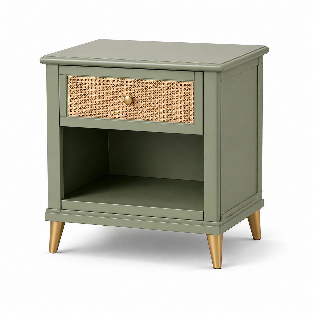 Comodino in legno verde con cassetto in rattan e gambe in metallo