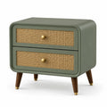 Comodino con Due Cassetti in Legno e Rattan Verde