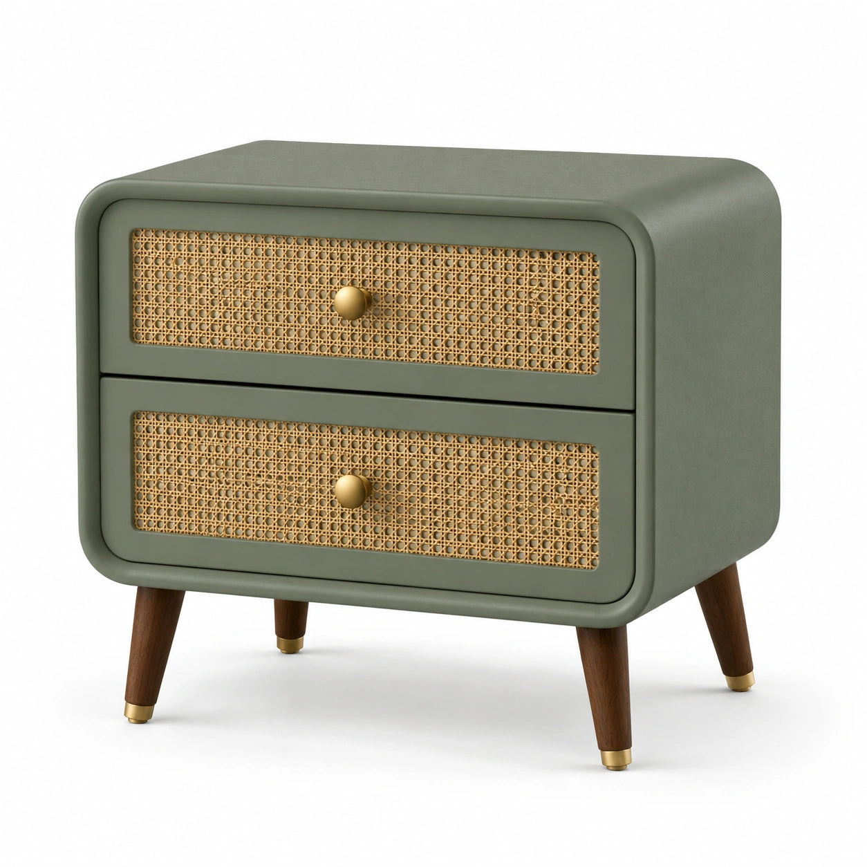 Comodino con Due Cassetti in Legno e Rattan Verde