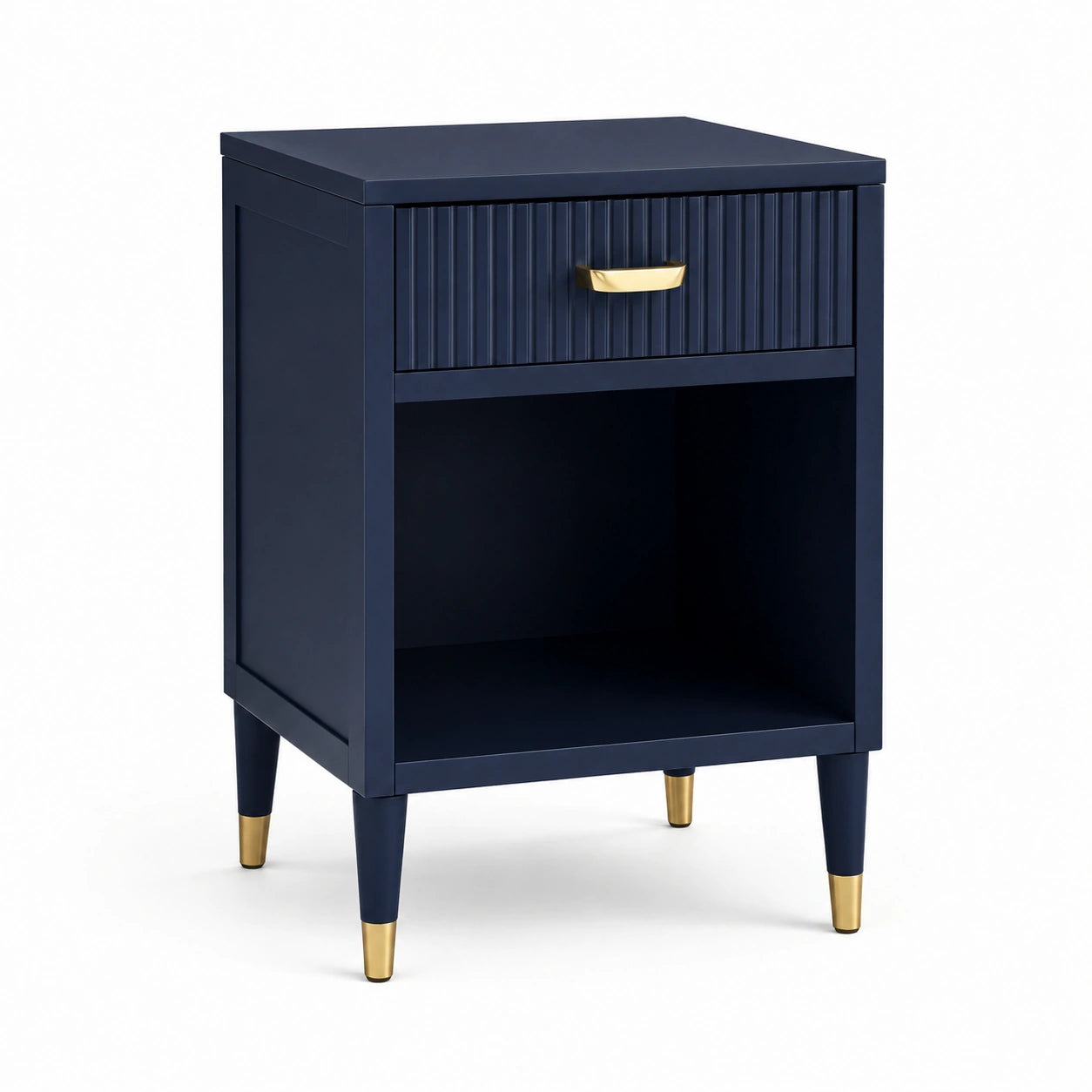 Comodino in legno con cassetto blu e dettagli dorati 40x40x60 cm