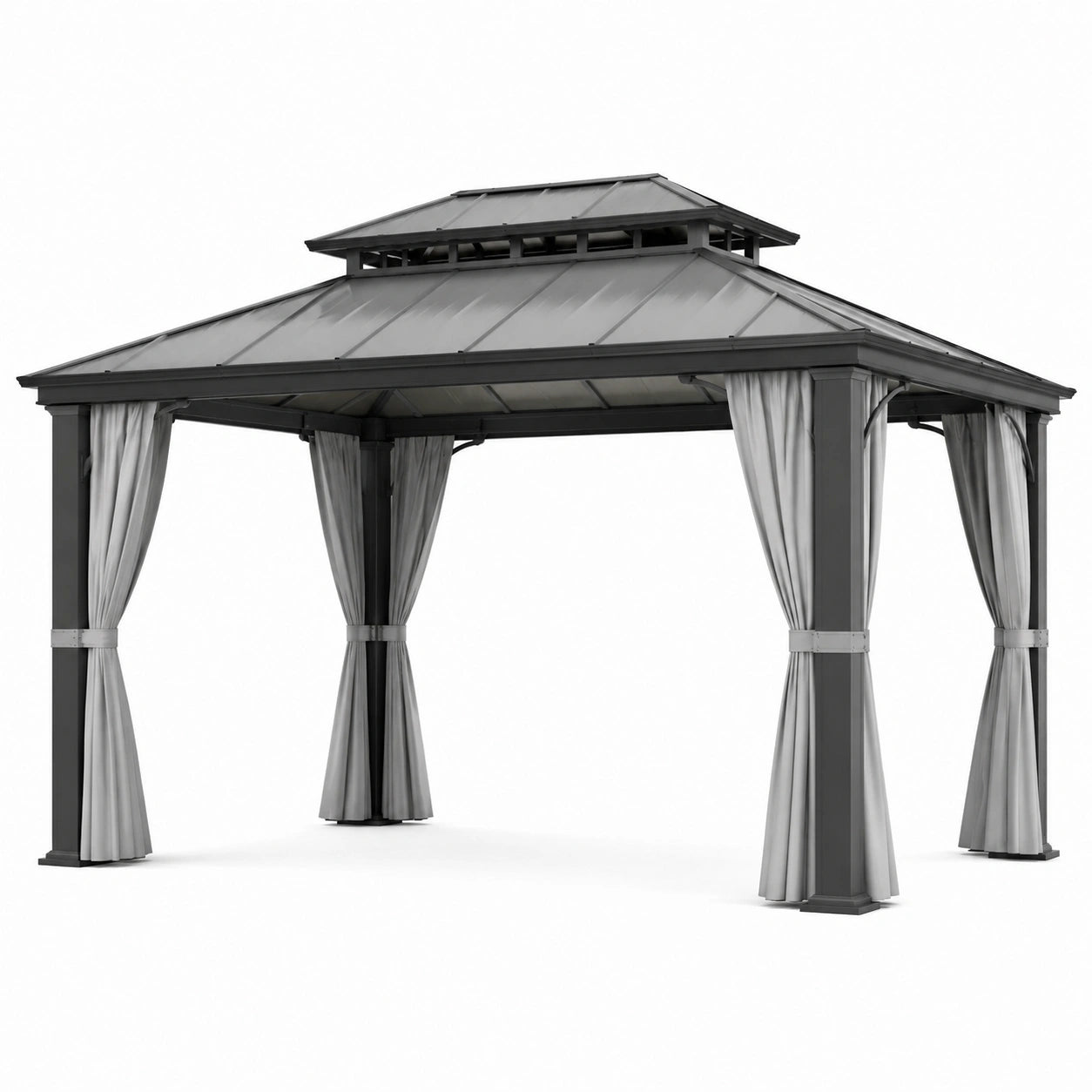 Gazebo in metallo grigio con tetto a doppio strato e tende in poliestere