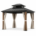Gazebo da Giardino in Metallo Nero con Struttura in Legno e Tende in Poliestere Beige