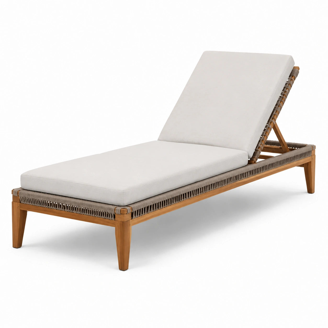 Lettino prendisole in legno di teak e tessuto grigio chiaro
