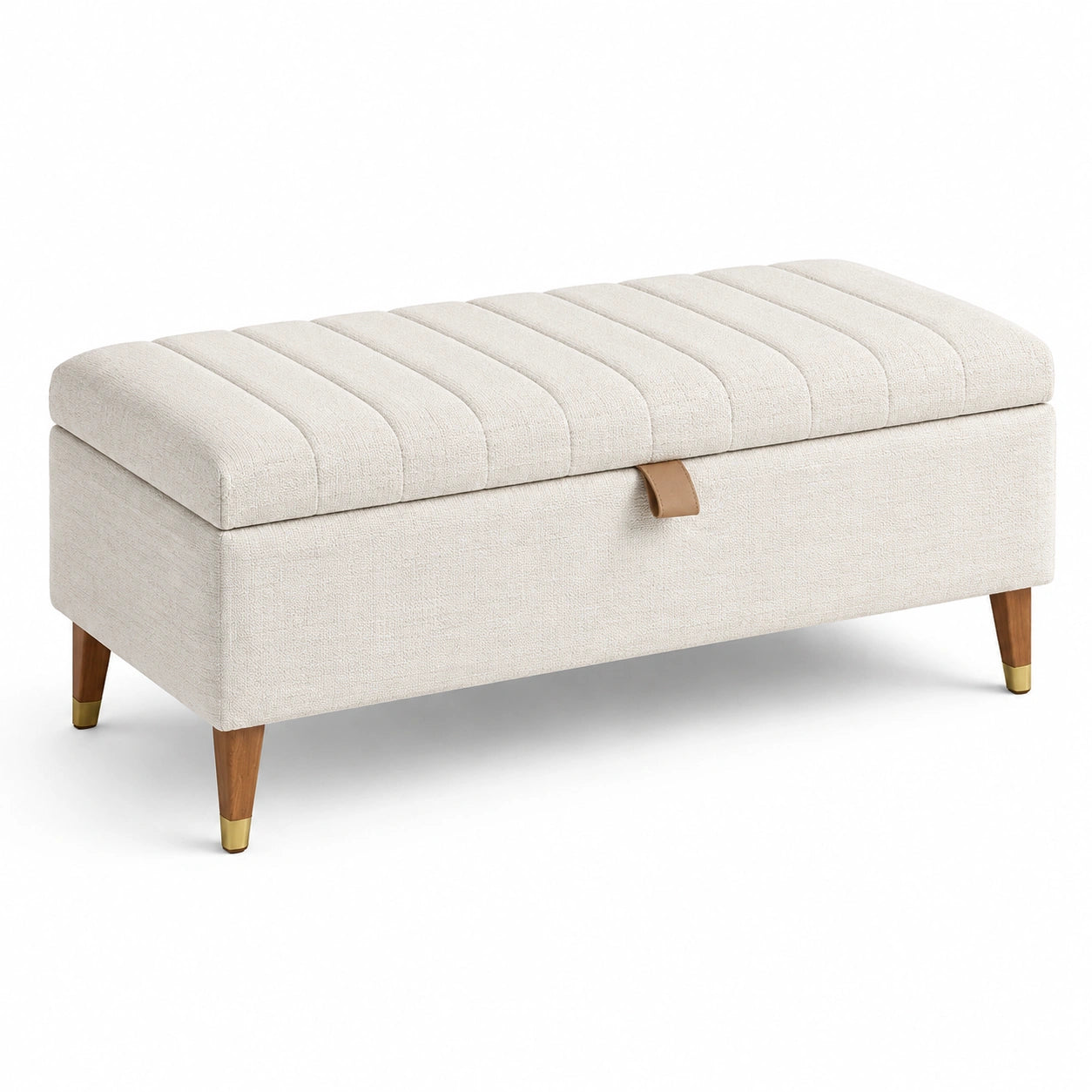 Panca contenitore in tessuto beige con gambe in legno
